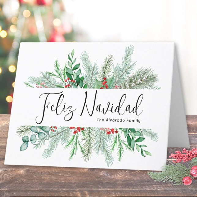 Elegant Botanical Gräs jul Feliz Navidad Helgkort (Elegant Bontanical Pine Christmas Feliz Navidad Holiday Card)
