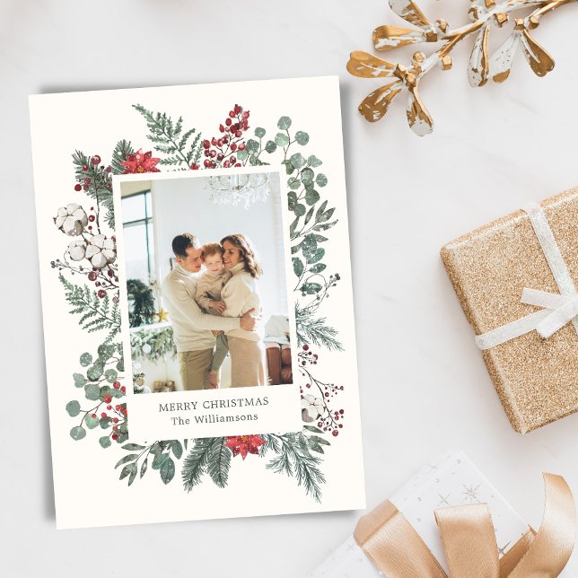 Elegant Botanical Greenery Christmas Photo Julkort (Skapare uppladdad)
