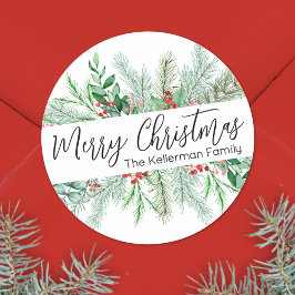 Elegant Botanical Greenery Christmas Runt Klistermärke