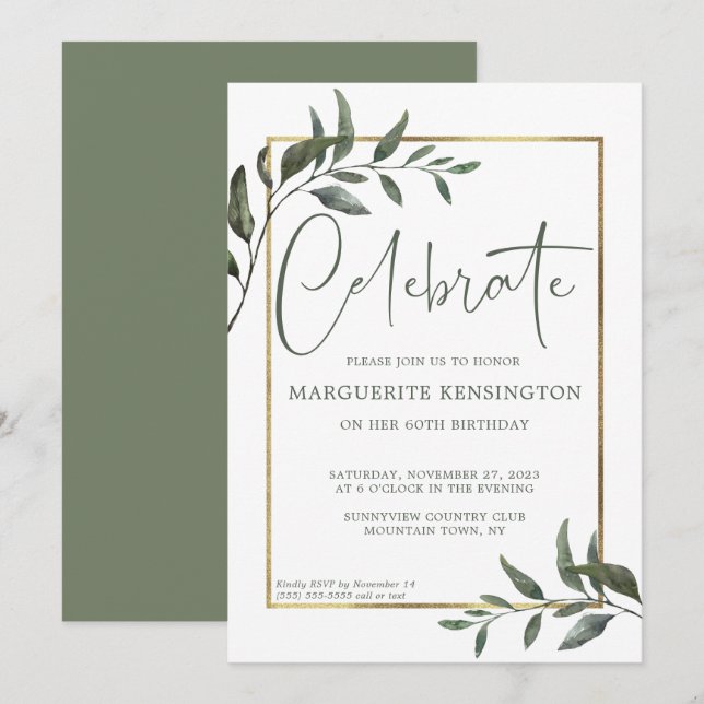 Elegant Botanical Greenery Gold Foil 60 Birthday Inbjudningar (Fram/baksida)