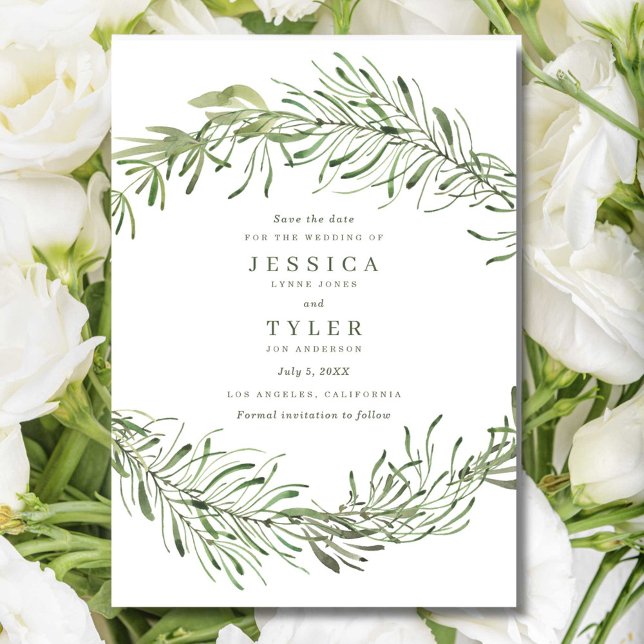 Elegant Botanical Greenery Photo Bröllop Spara Datumet (Elegant Botanical Greenery Photo Wedding Save The Date)