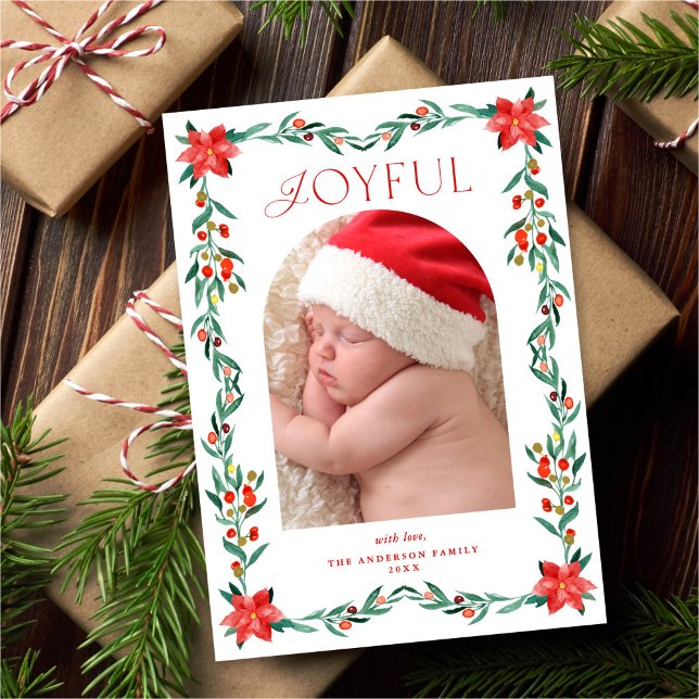Elegant Botanical Greenery Poinsettia Frame Photo Julkort (Skapare uppladdad)