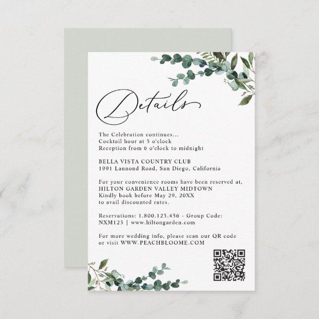 Elegant Botanical Greenery QR Code Wedding Details Tilläggskort (Fram/baksida)