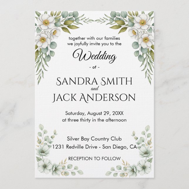 Elegant Botanical Greenery & White Floral Wedding Inbjudningar (Framsida)