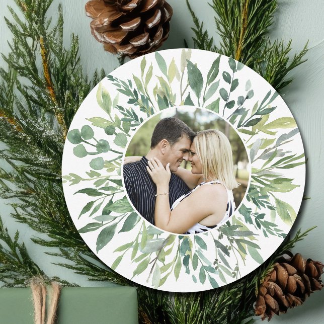 Elegant Botanical Grey Family Photo Circle Kort (Skapare uppladdad)