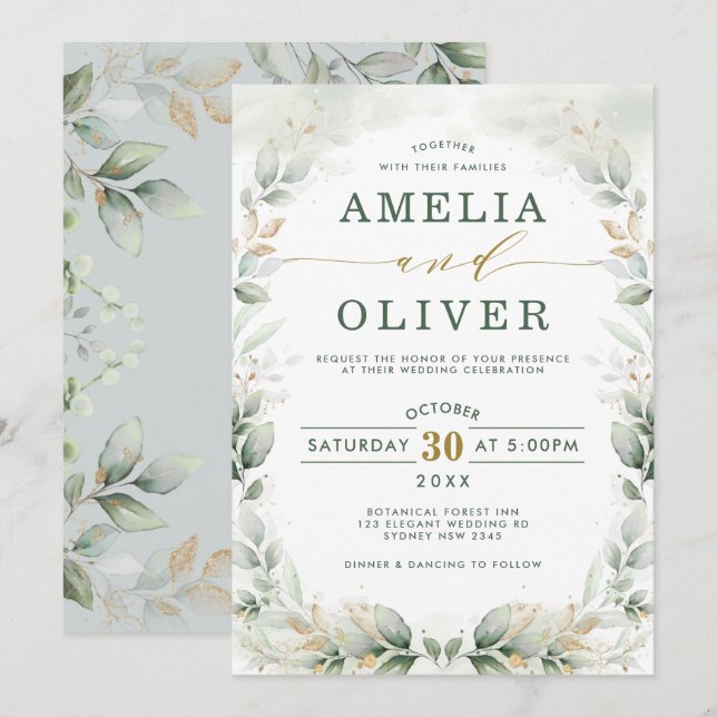 Elegant Botanical Grey Guld Garden Wedding Inbjudningar (Fram/baksida)