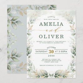 Elegant Botanical Grey Guld Garden Wedding Inbjudningar