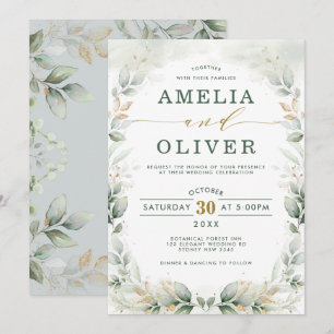 Elegant Botanical Grey Guld Garden Wedding Inbjudningar