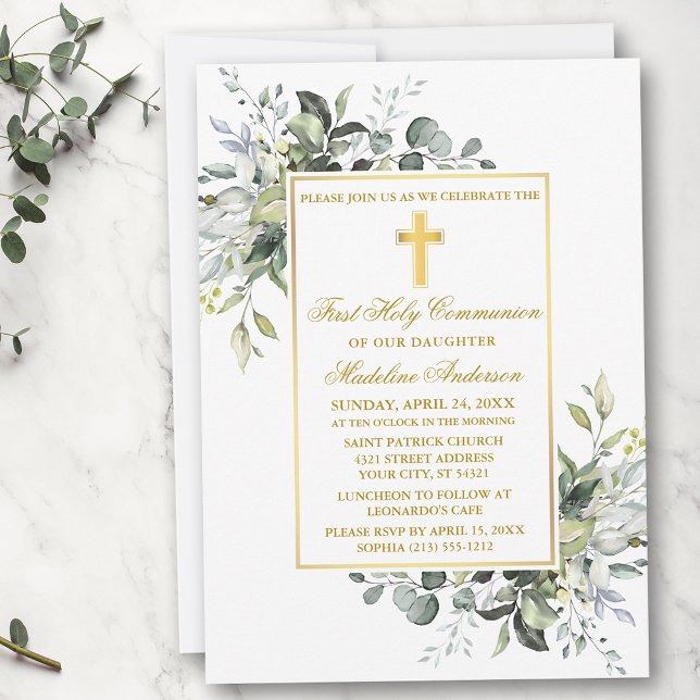 Elegant Botanical Grey Heliga Communion Guld Inbjudningar (Customize to change text color, size, style or to add photos or more text to back of card.)