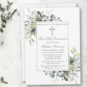 Elegant Botanical Grey Heliga Communion Silver Inbjudningar