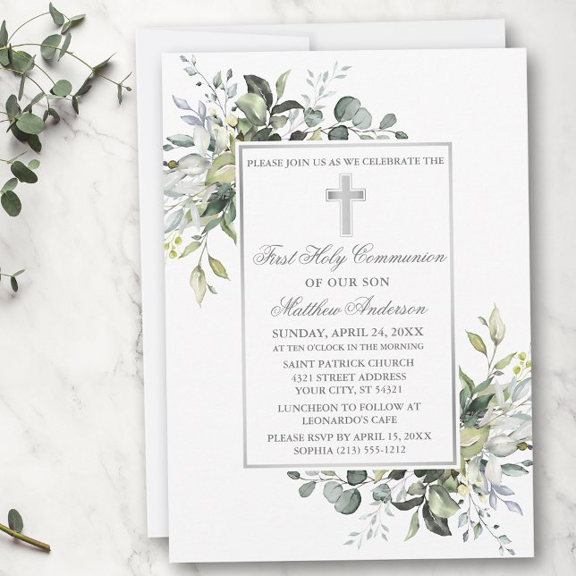 Elegant Botanical Grey Heliga Communion Silver Inbjudningar (Customize to change text color, size, style or to add photos or more text to back of card.)