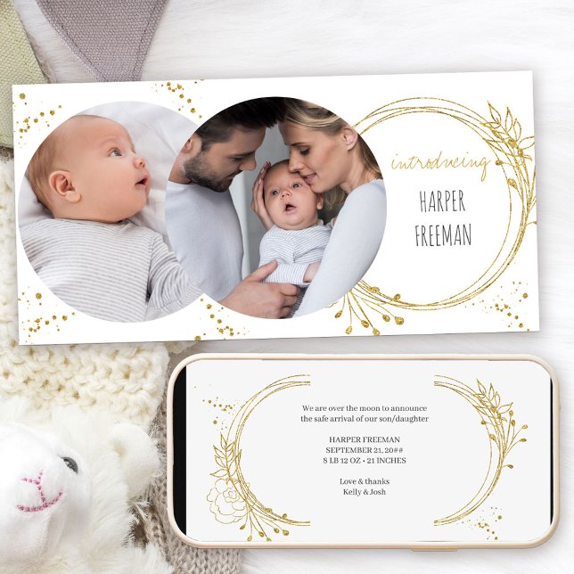 Elegant Botanical Guld 2 Photo Birth Meddelande (Modern Photo Baby Birth Announcement. Buy printed or as a printable digital download)