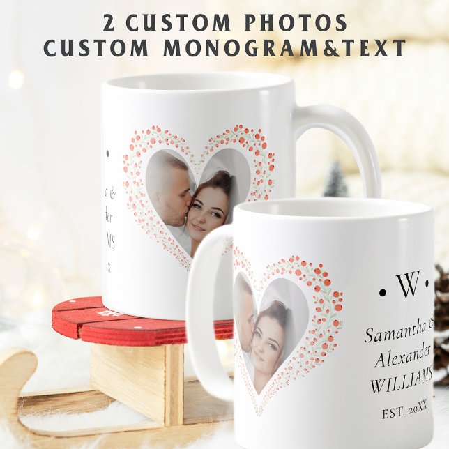 Elegant Botanical Heart Photo Wedding Christmas Kaffemugg (Elegant Botanical Heart 2-Photo Wedding First Christmas Custom Monogram, Message & Year Coffee Mug)