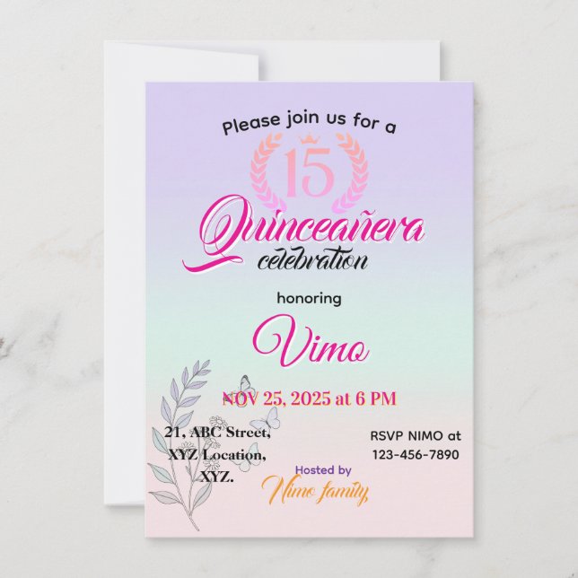 Elegant Botanical Line Art Quinceañera Invitation  Inbjudningar (Framsida)