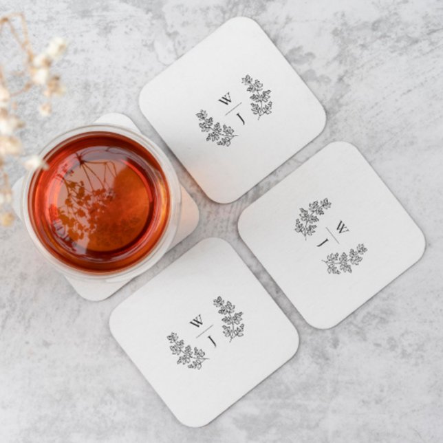 Elegant Botanical Löv Monogram Initial Bröllop Underlägg Papper Kvadrat (Skapare uppladdad)