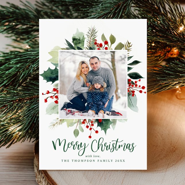 Elegant Botanical Merry Christmas Greenery  Julkort (Skapare uppladdad)