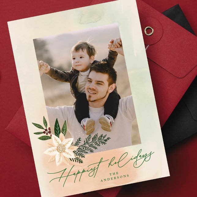 Elegant Botanical Poinsettia Photo Happiest Julkort (Skapare uppladdad)