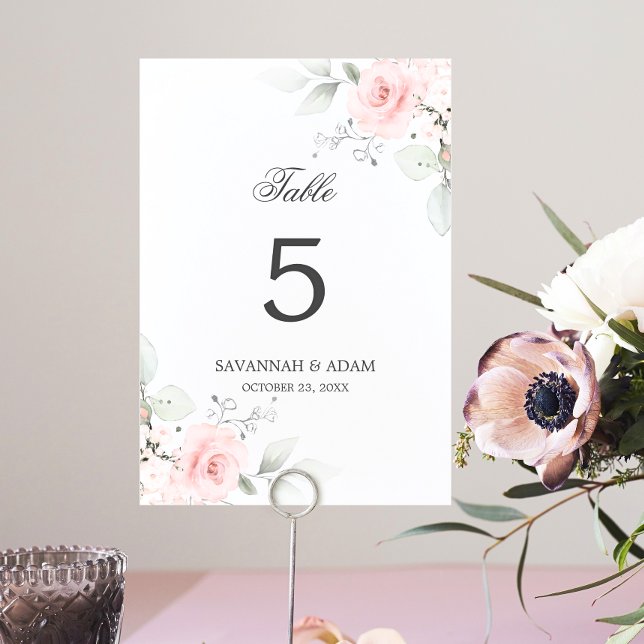 Elegant Botanical Rosa ros Greenery Bordsnummer (Elegant Botanical Pink Rose Greenery Table Number)