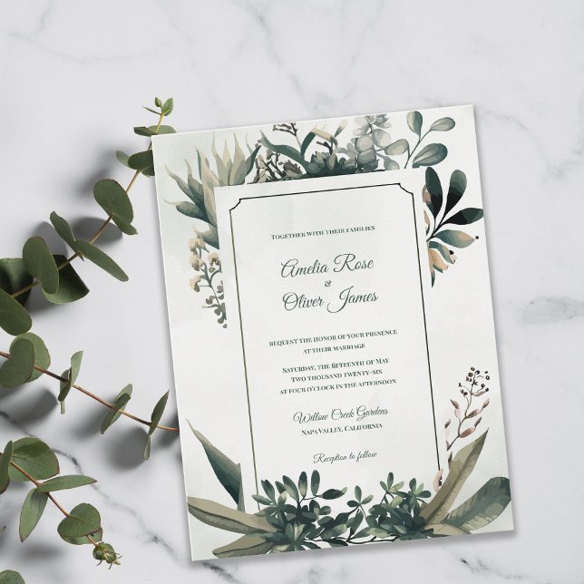 Elegant Botanical Sage Green Greenery Wedding Inbjudan Vykort (Elegant Botanical Greenery Wedding Invitation | Sage Green Frame Garden Wedding Invite)