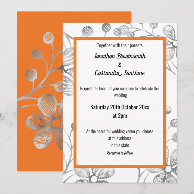 ELEGANT BOTANICAL SILVER GRÅTT WHITE ORANGE BRÖLLO INBJUDNINGAR (Fram/baksida)