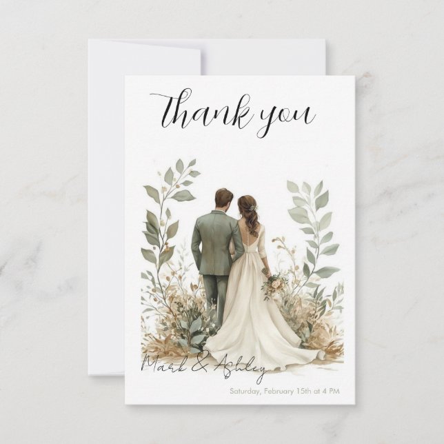 Elegant botanical-themed wedding thank you card tack kort (Framsida)