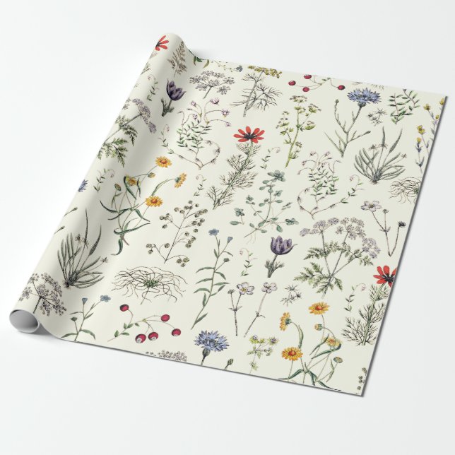 Elegant Botanical Vintage WildblomWhite Presentpapper (Utrullad)