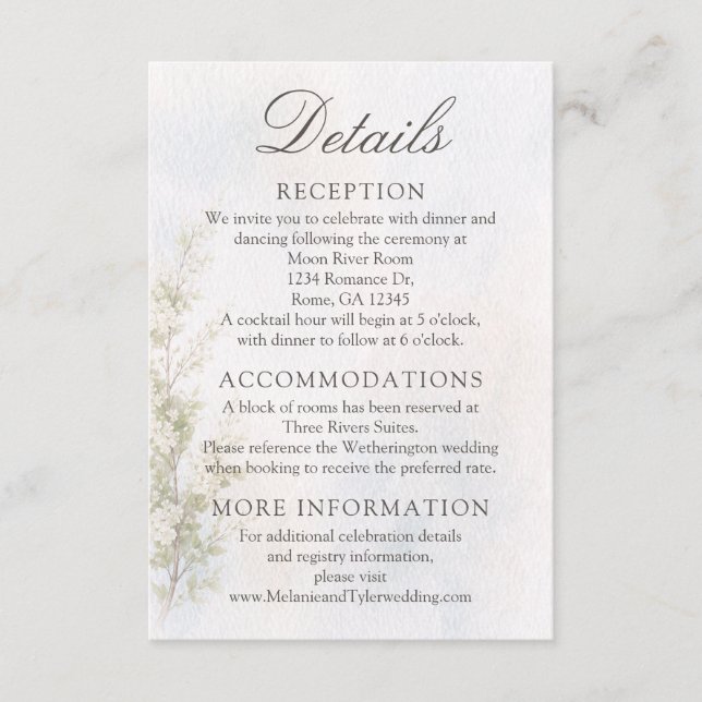 Elegant Botanical Wedding Details Card Tilläggskort (Framsida)