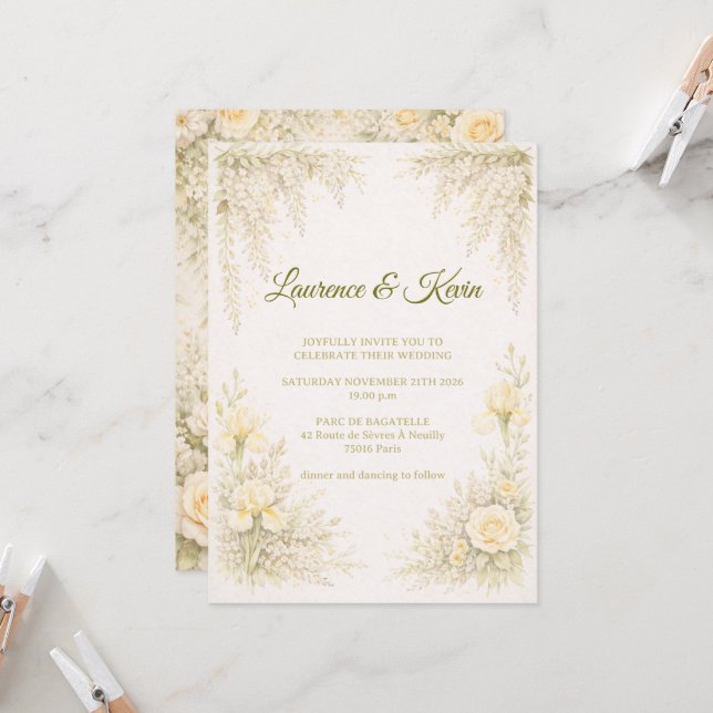 Elegant Botanical Wedding Invitation Green Floral  Inbjudningar (Fram/Back In Situ)