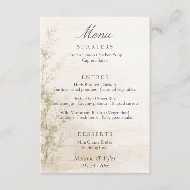 Elegant Botanical Wedding Menu Card Tilläggskort (Framsida)