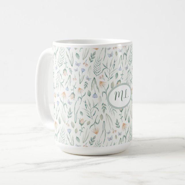 Elegant botanisk akvarellblommig monogramnamn kaffemugg (Framsida vänster)