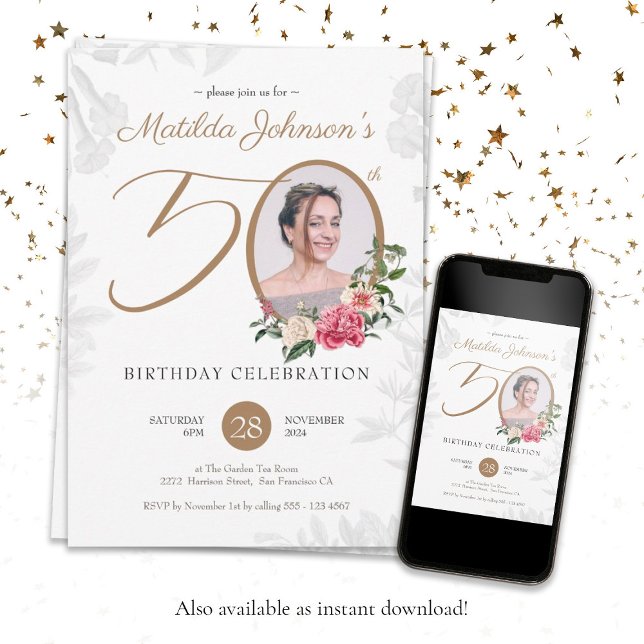 Elegant Botanisk Anpassningsbar 50:e födelsedagen Inbjudningar (Elegant Gold White 50th Birthday Botanical Custom Invitation)