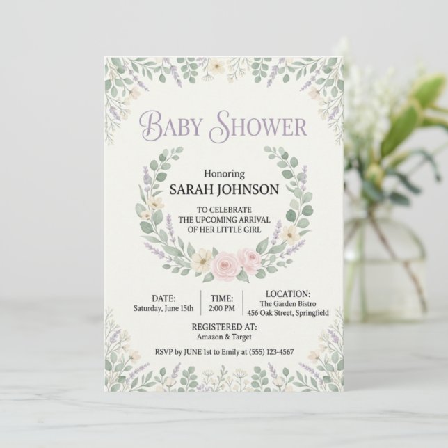 Elegant Botanisk Baby Shower-inbjudan | Mjuk Fl Inbjudningar (Stående Fram)