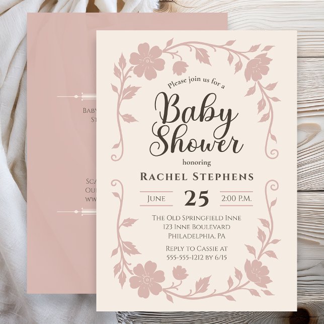 Elegant Botanisk Baby Shower Rosa Inbjudan (Elegant botanical baby shower invitation with soft blush floral frame on neutral background )