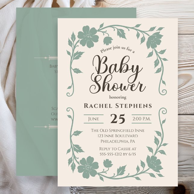 Elegant botanisk babyshower neutral salvia inbjudningar (Elegant botanical baby shower invitation with sage green floral frame on neutral background )
