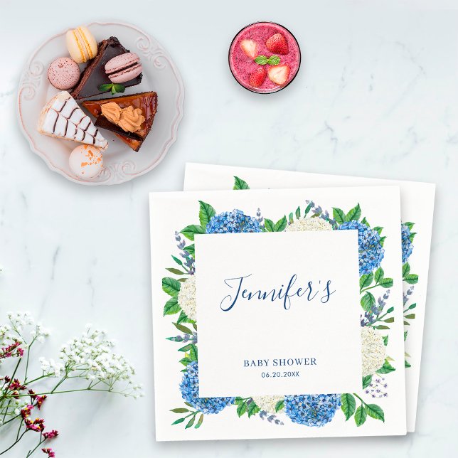 Elegant botanisk blå hortensia baby shower pappersservett (Skapare uppladdad)