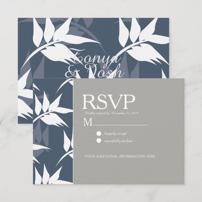Elegant Botanisk Blad Marin Vit Mönster Bröllop Inbjudningar (Fram/baksida)