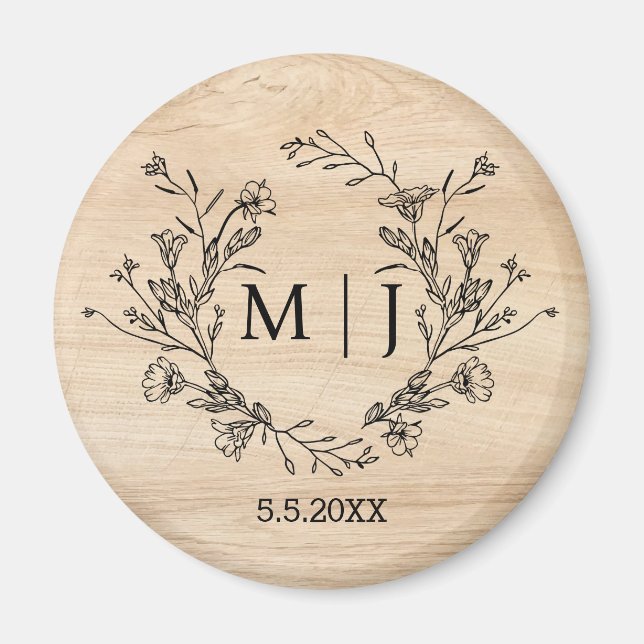 elegant botanisk enkel bröllop rustik trä magnet (Framsidan)