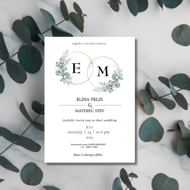 Elegant botanisk Eukalyptus Monogram Bröllop  Inbjudningar (Skapare uppladdad)