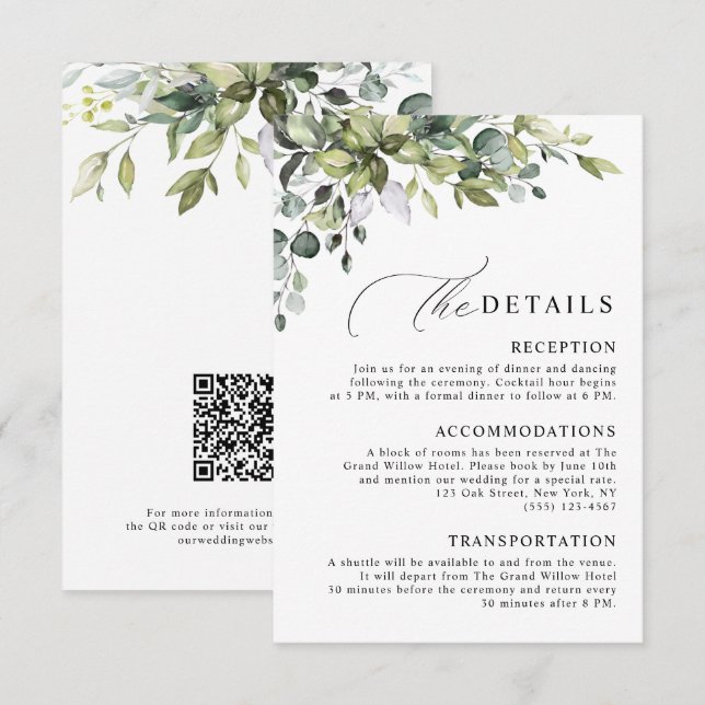 Elegant Botanisk Eukalyptus QR-kod Bröllop Tilläggskort (Fram/baksida)