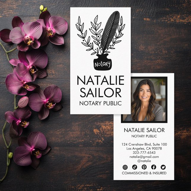 Elegant botanisk fjäderlogotyp Notarius publicus F Visitkort (Elegant Botanical Quill Logo Notary Public PHOTO Business Card
)