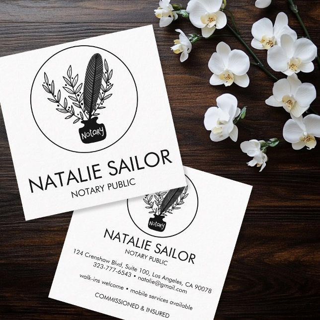 Elegant botanisk fjäderpenna logotyp notarier offe fyrkantigt visitkort (Chic Elegant Botanical Quill Logo Notary Public Square Business Card
)