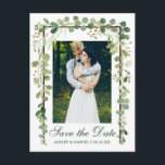 Elegant botanisk foto grön spara datumet meddelande vykort<br><div class="desc">Modern elegant,  botanisk grön eukalyptusblad,  träram,  spara datum förlovningsfoto postkort</div>