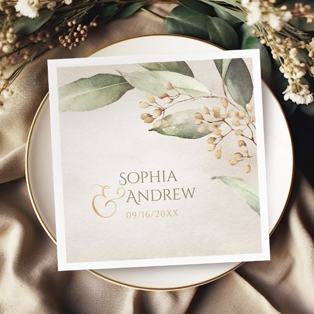 Elegant botanisk grey vintage rustic bröllop pappersservett (Elegant botanical greenery vintage rustic wedding paper napkins)
