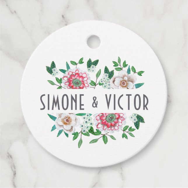 Elegant botanisk grön och rosa blommig gåvor etiketter (Framsida)