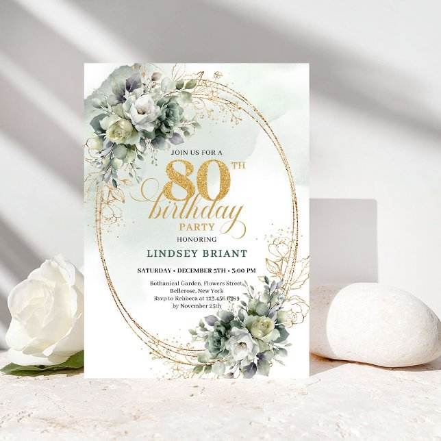 Elegant botanisk grönska 80-års födelsedagsinbjuda inbjudningar (Elegant Botanical Greenery 80th Birthday Invite)