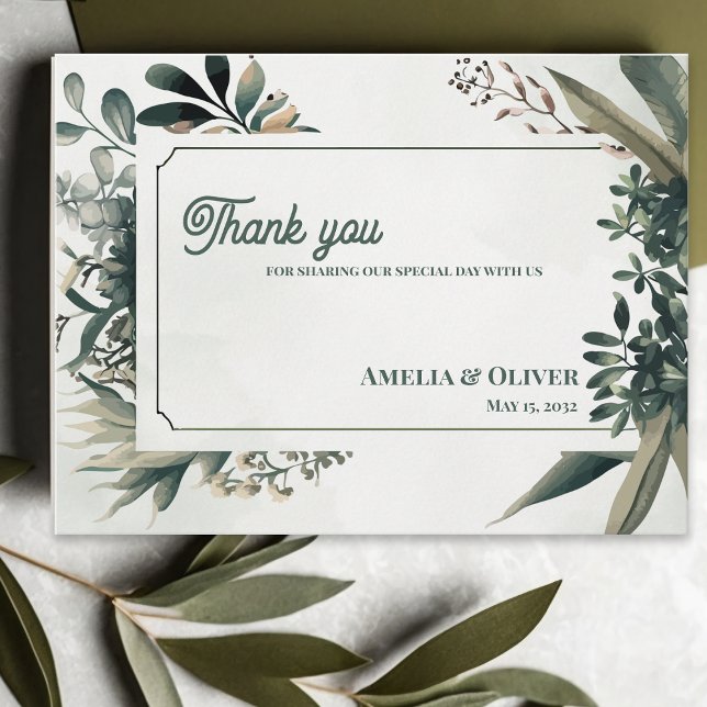 Elegant Botanisk Grönska Bröllop Tack Vykort (Elegant Botanical Greenery Wedding Thank You Card | Sage Green Garden Wedding Thank You)