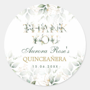 Elegant botanisk grönska Guld Quinceanera Runt Klistermärke