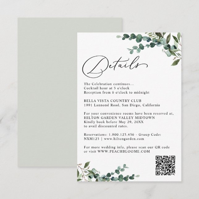 Elegant botanisk grönska QR-kod Bröllopsdetaljer Tilläggskort (Fram/baksida)