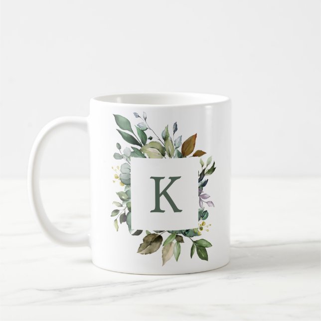 Elegant botanisk grönska ram monogram kaffemugg (Vänster)