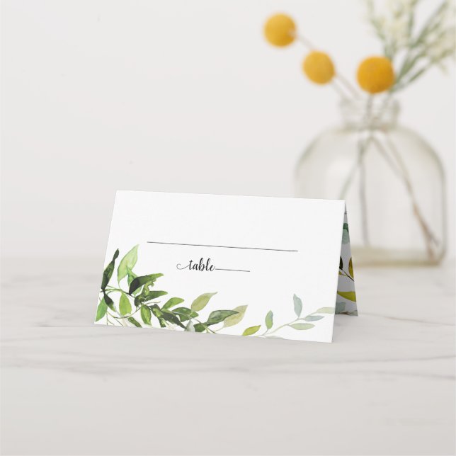 Elegant botanisk grönska vattenfärg bröllop placeringskort (Framsida)